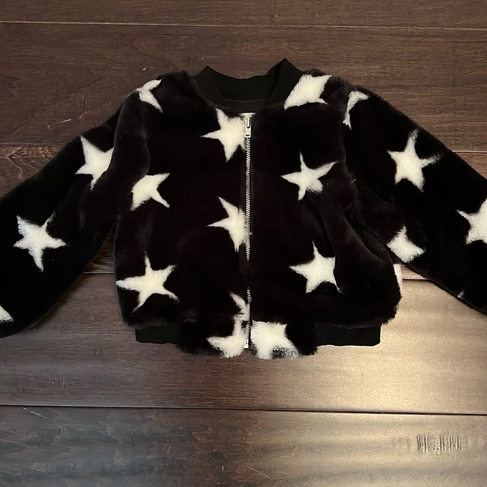 Pippa and Julie Toddler Girls Black Fur Star Print Bomber jacket!